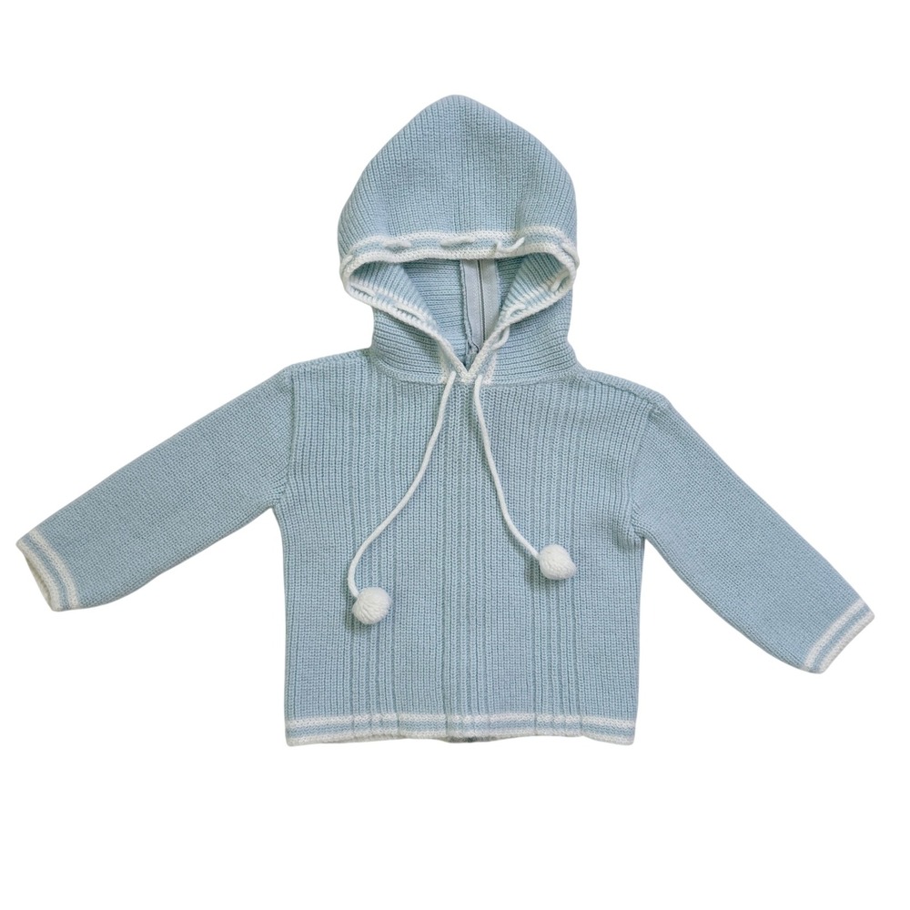 Vintage Blue Bird Knit Hooded Baby Sweater 3-6M Blue White Pom Pom Back Rear Zip